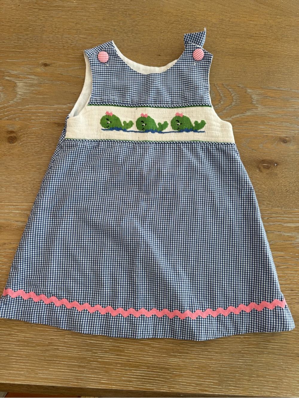 Blue Gingham Smocked Whale Sundress with Pink Trim